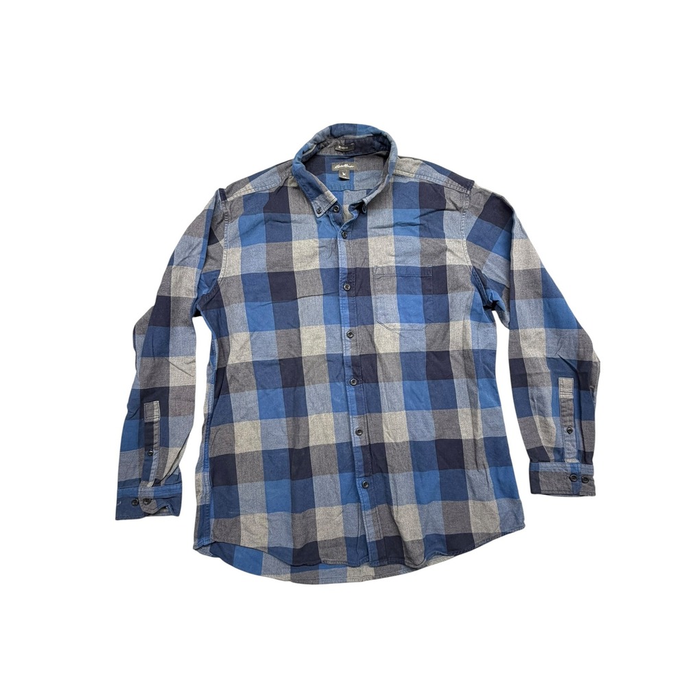 Eddie Bauer Mens Large Relaxed Fit Blue Grey Buffalo Plaid Flannel Shirt L/S
